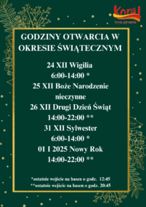 Godziny otwarcia Krytej Pływalni „KORAL”w okresie świątecznym